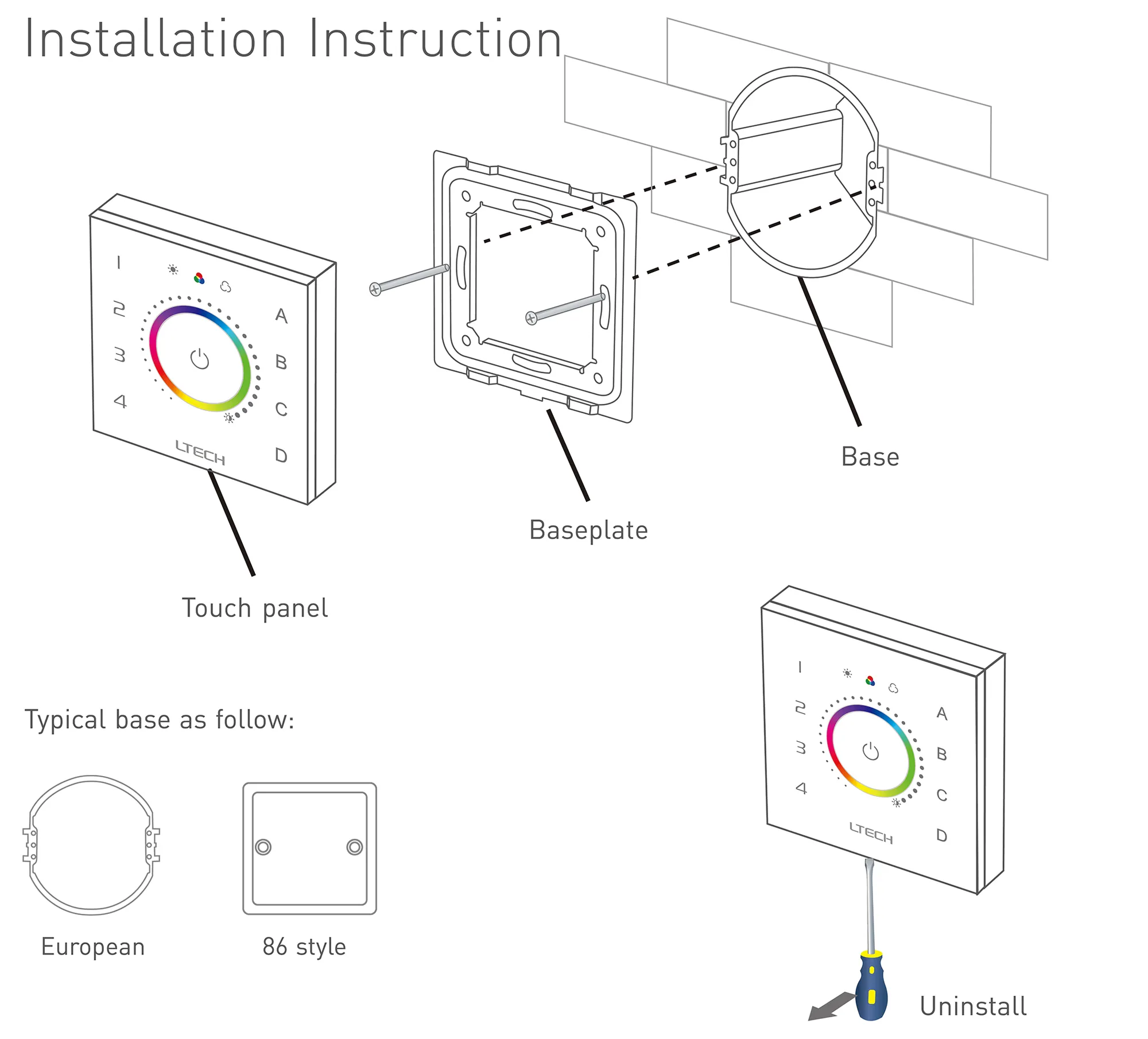 DALI Touch Panel, CT Dimming control, Support TC type control, Scene, Group, Unicast, Broadcast mode. Output signal: DALI, Touch vibration, IP20. EDT2  LTECH Touch Panel
